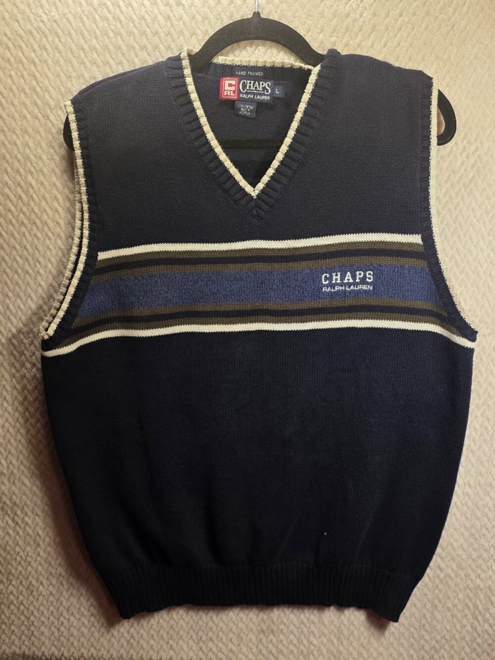 Vintage Chaps Ralph Lauren Sweater Vest Blue Striped V-neck Vest SZ L Golf